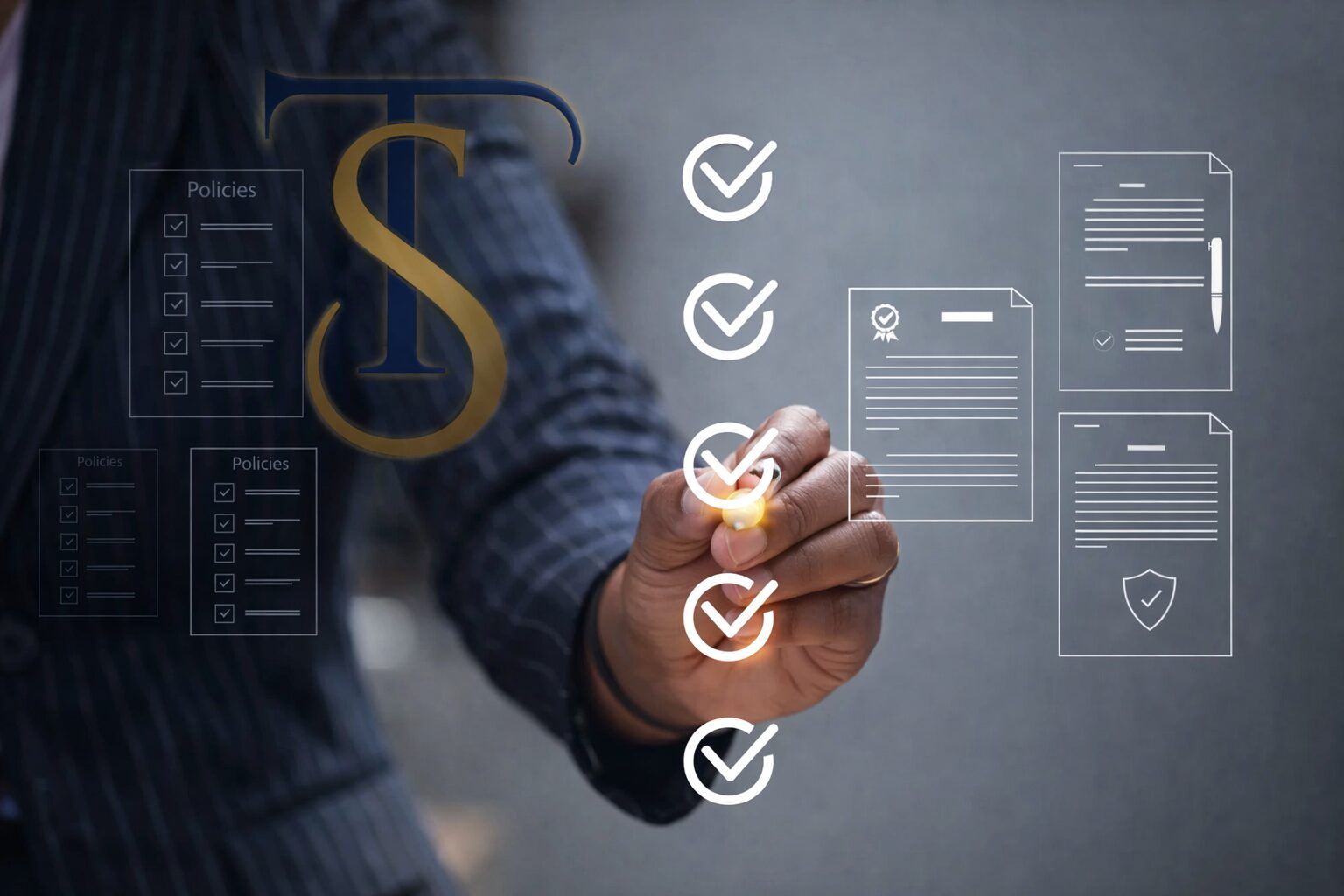 Hand checking compliance checklist with legal documents