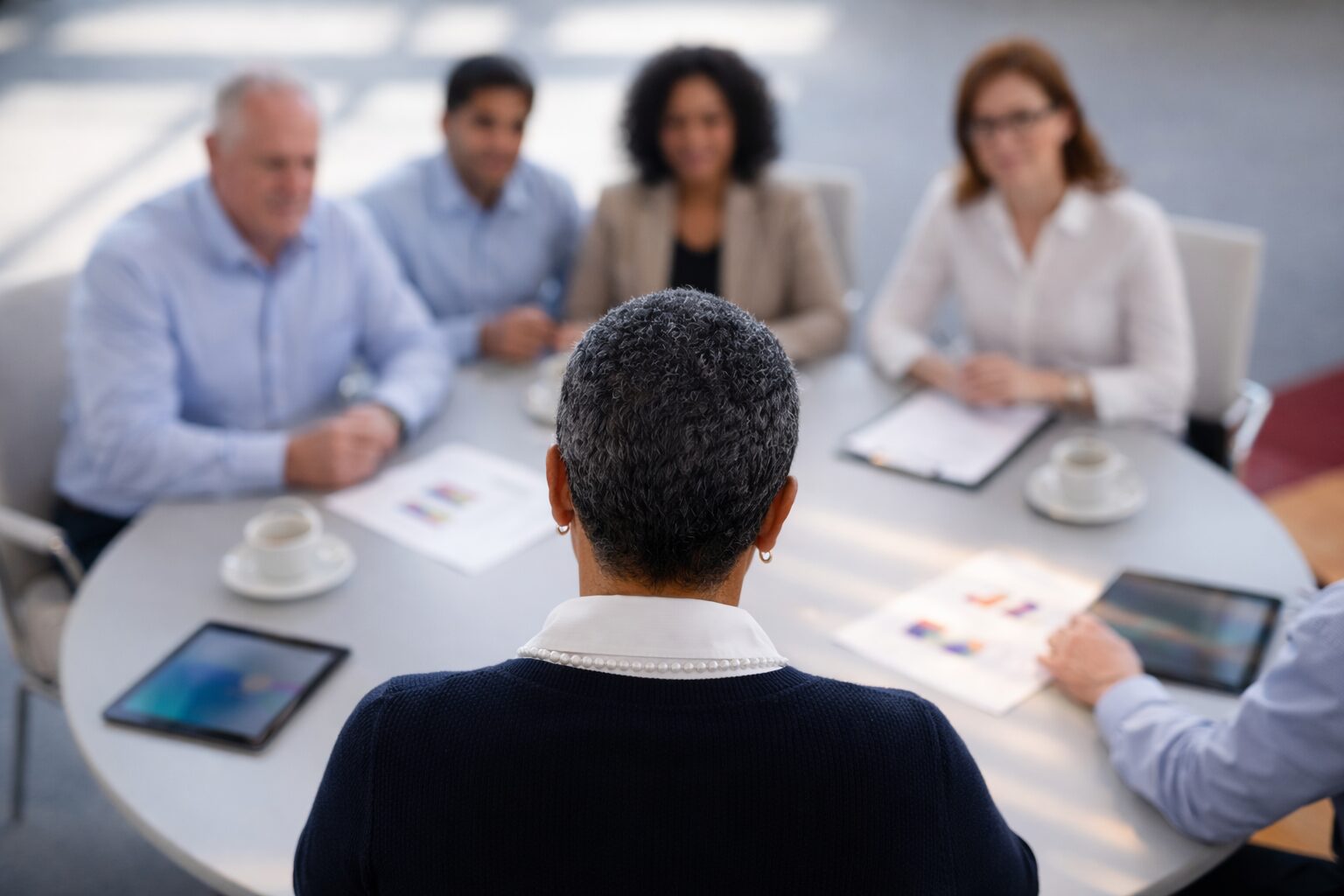 Person interviewed by four-person panel